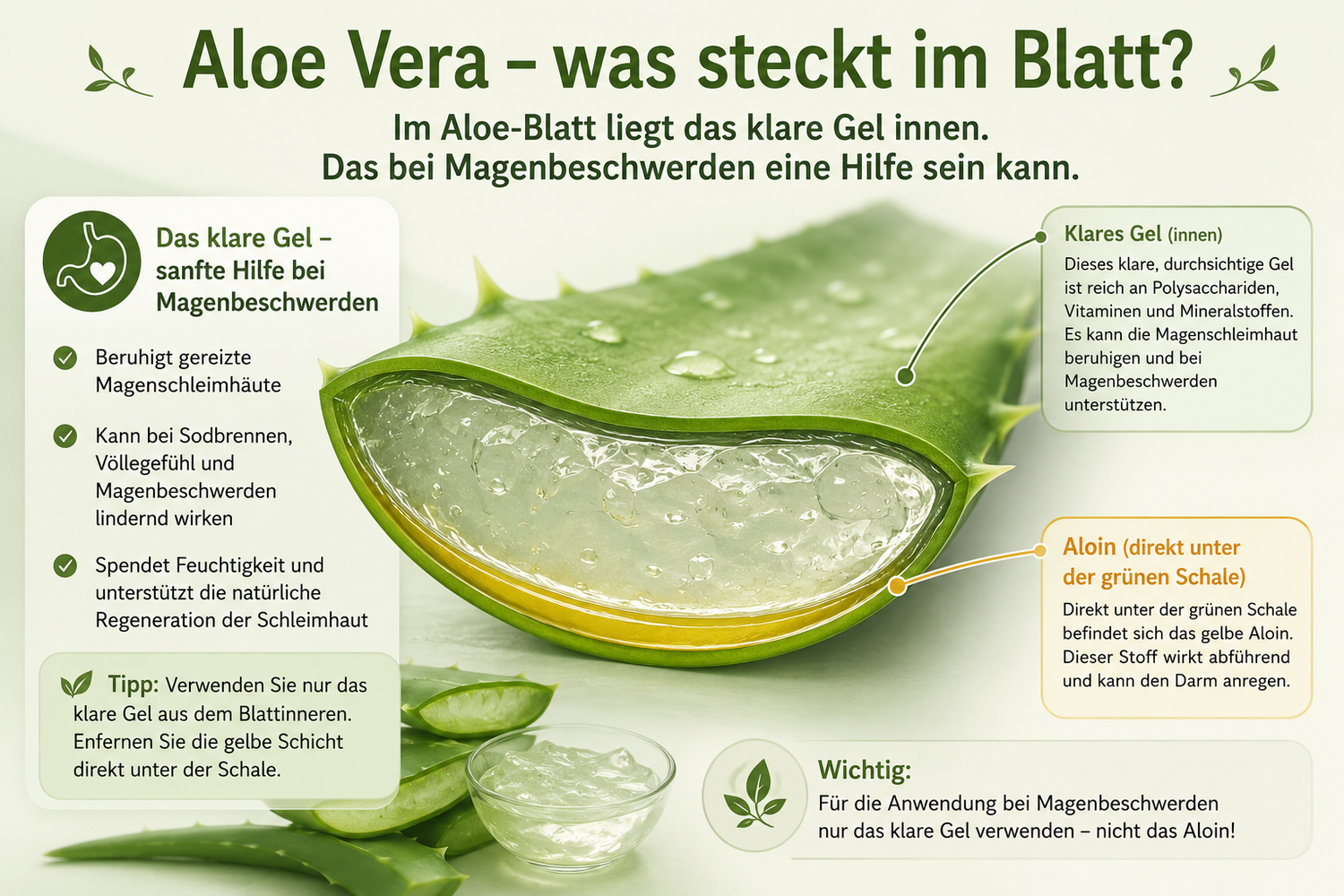 Aloe Vera bei Gastritis: Blatt im Querschnitt mit Gel und gelbem Aloin
